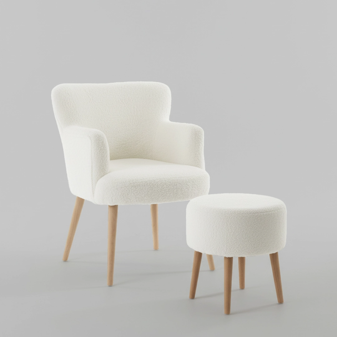 Berjer Puf Set - Tekli Koltuk Puflu - Puffy - Teddy Kumaş - Doğal Ahsap - Krem